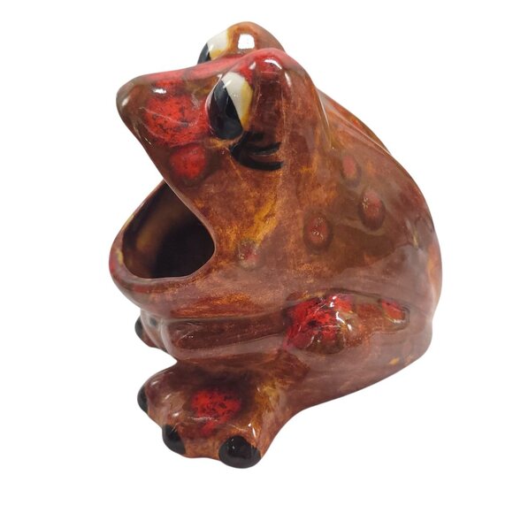 Vtg Ceramic Frog Sponge Holder Hand-painted 1970s Big Mouth Splatter Red Brown - Picture 9 of 15